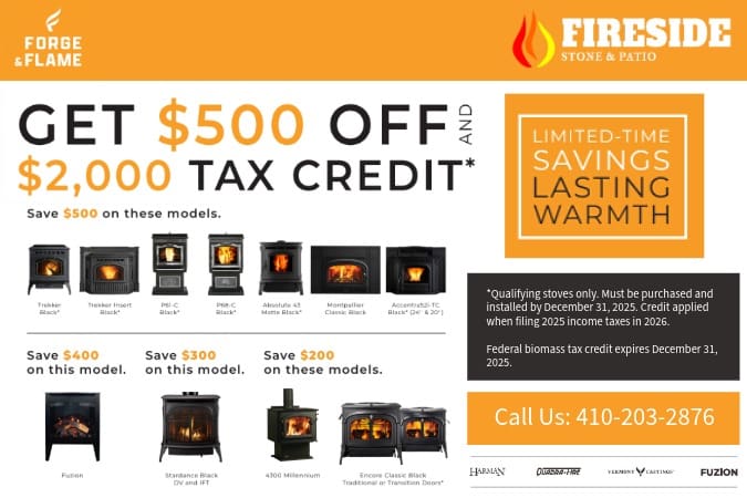 Fireside Fall 2025 Forge & Flame Promo Forge & Flame Fall Promotion. Graphic with white background and orange accents.